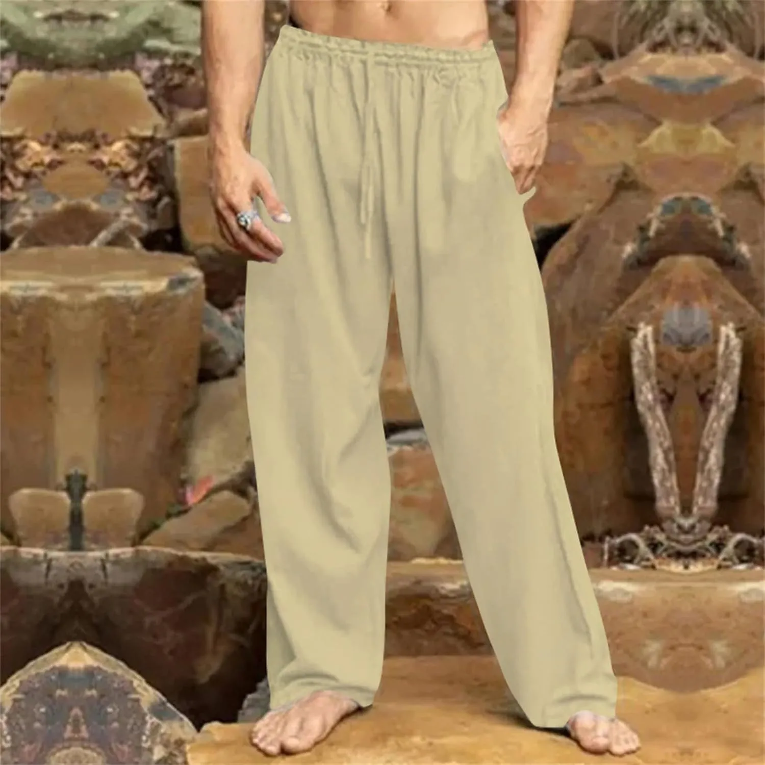 Men's Casual Linen Pants Hip-Hop Breathable Loose Fit Elastic Waist Straight-Legs Summer Yoga Beach Long Sweatpants
