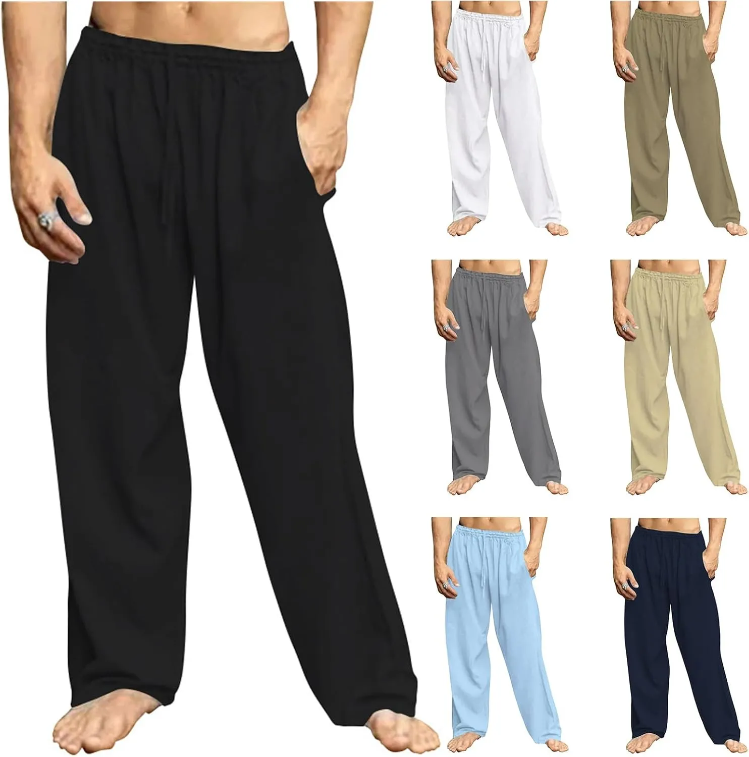 Men's Casual Linen Pants Hip-Hop Breathable Loose Fit Elastic Waist Straight-Legs Summer Yoga Beach Long Sweatpants