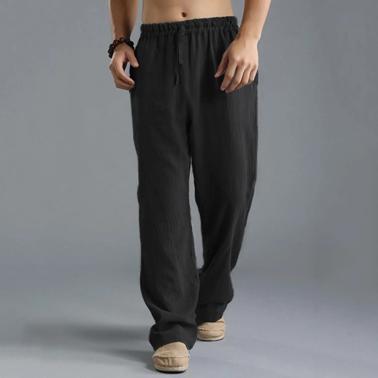 Mens Casual Linen Pants Lightweight Drawstring Wide Straight Leg Pant Athletic Gym Joggers Summer Beach Trouser