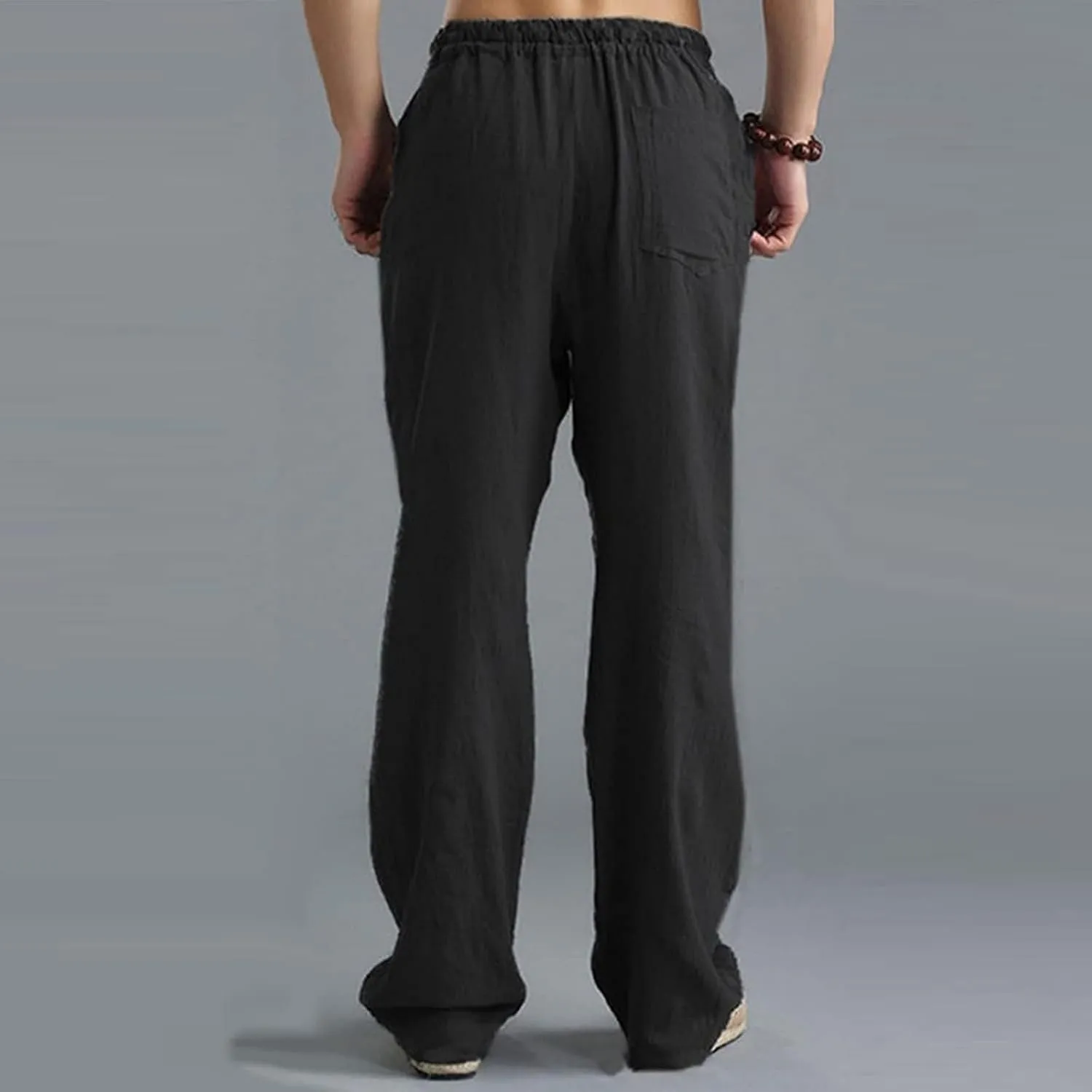 Mens Casual Linen Pants Lightweight Drawstring Wide Straight Leg Pant Athletic Gym Joggers Summer Beach Trouser