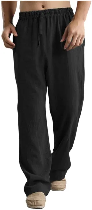 Mens Casual Linen Pants Lightweight Drawstring Wide Straight Leg Pant Athletic Gym Joggers Summer Beach Trouser