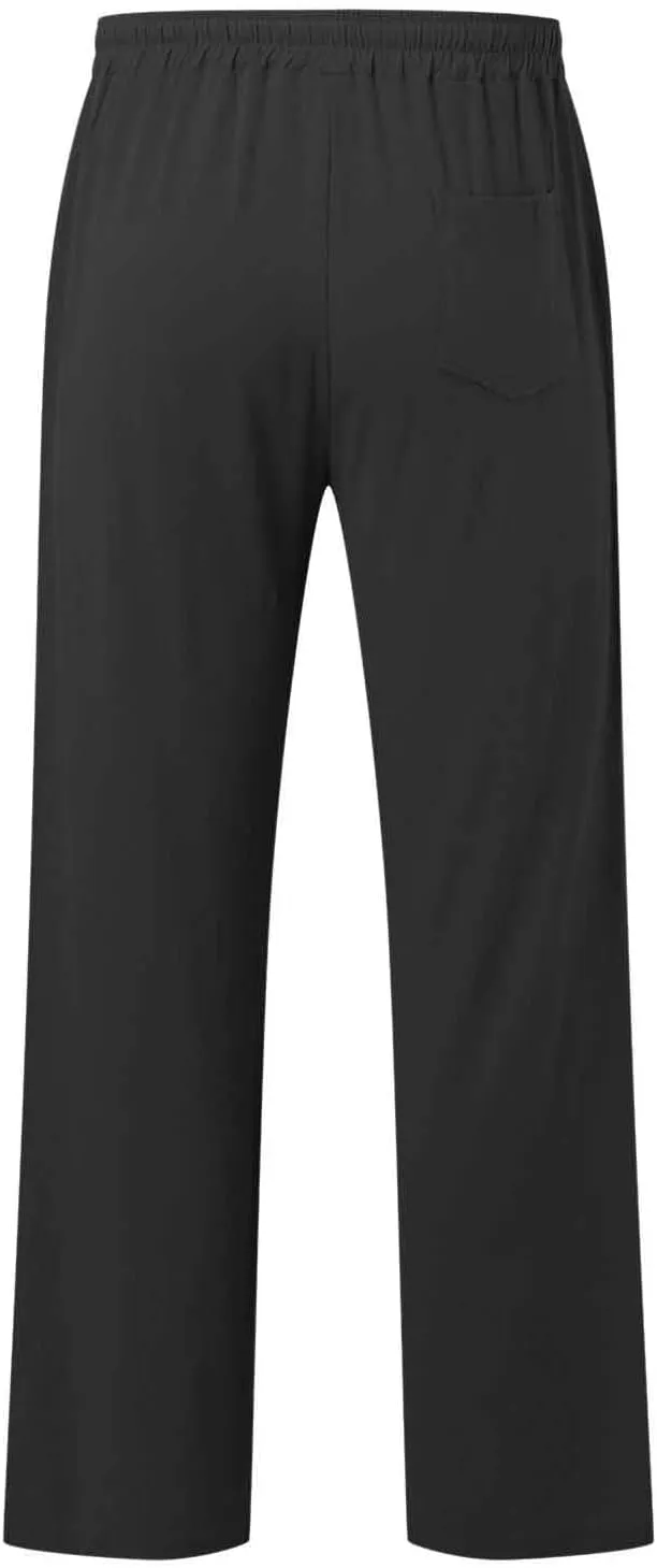 Mens Casual Linen Pants Lightweight Drawstring Wide Straight Leg Pant Athletic Gym Joggers Summer Beach Trouser