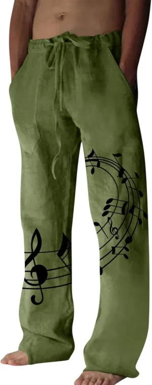 Men's Casual Linen Pants Lightweight Loose Fit Trousers Straight Trouser Elastic Drawstring Waist Yoga Beach Pants