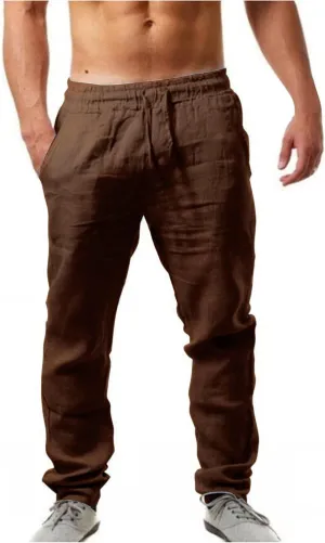 Men's Casual Linen Pants Summer Beach Trouser Lightweight Drawstring Wide Straight Leg Pant Athletic Gym Joggers Black Chino Pants