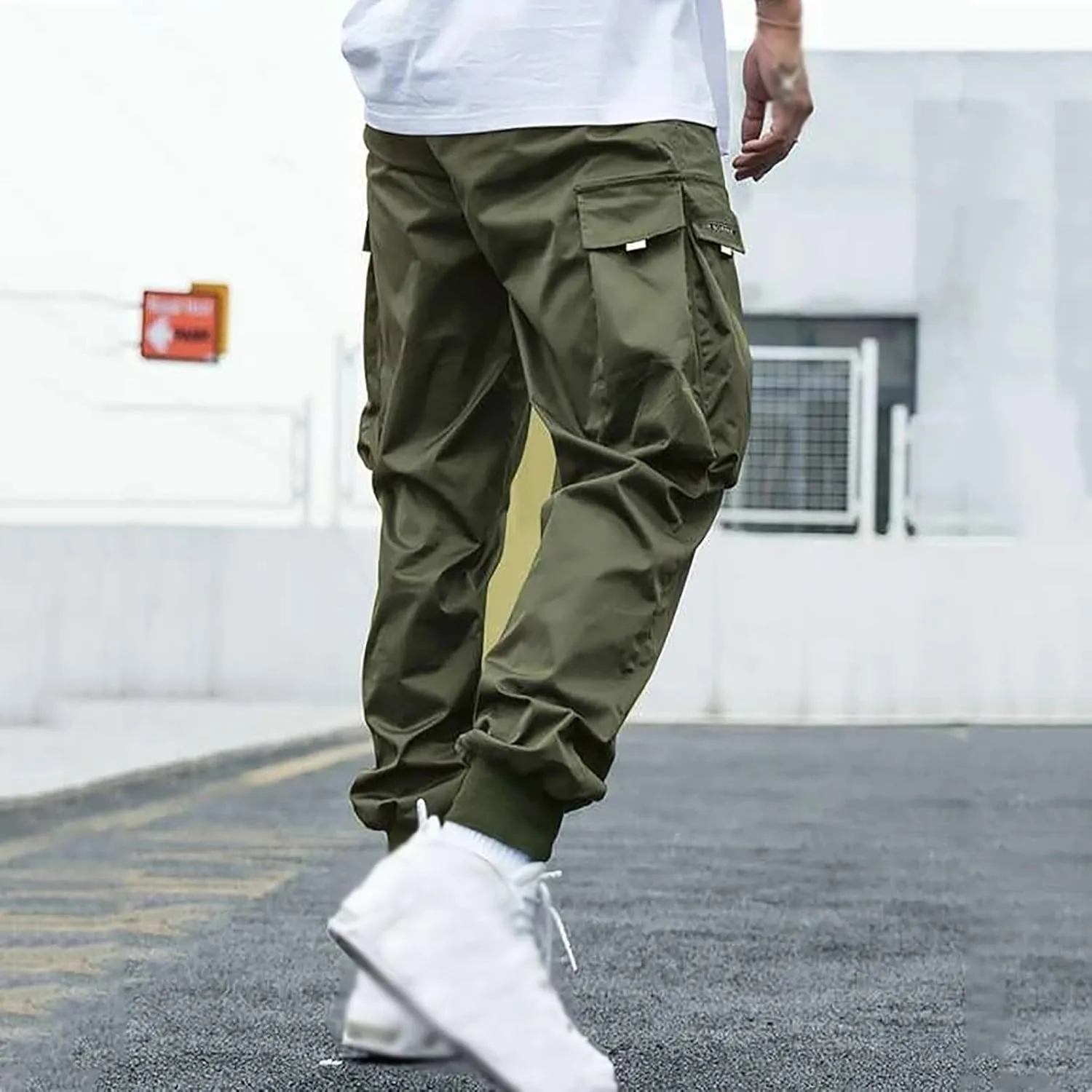 Men's Causal Cargo Pants Solid Color Multi Pockets Straight Trousers Loose Fit Hiking Joggers Hip Hop Streetwear