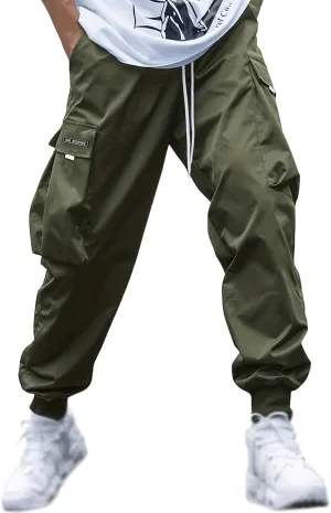 Men's Causal Cargo Pants Solid Color Multi Pockets Straight Trousers Loose Fit Hiking Joggers Hip Hop Streetwear