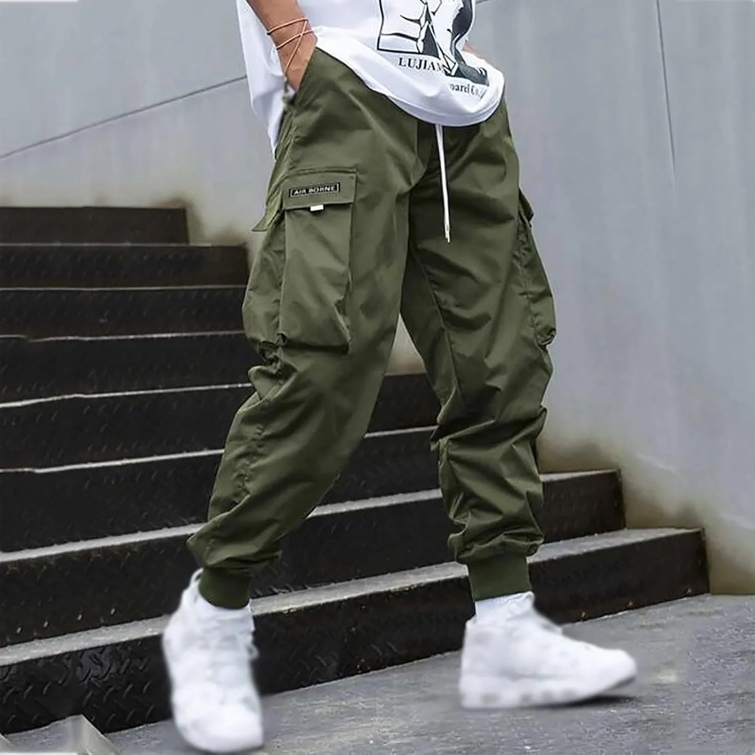 Men's Causal Cargo Pants Solid Color Multi Pockets Straight Trousers Loose Fit Hiking Joggers Hip Hop Streetwear