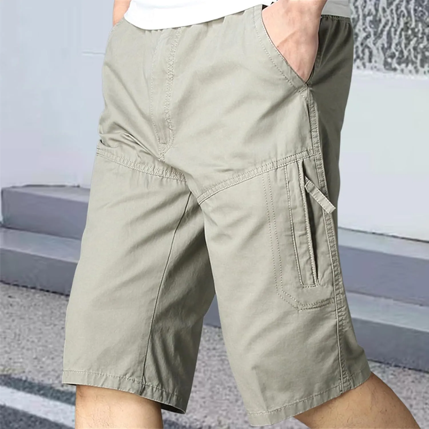 Mens Classic Solid Cargo Shorts Straight Leg Slim Fit Elastic Waist Pockets for Summer Work Casual