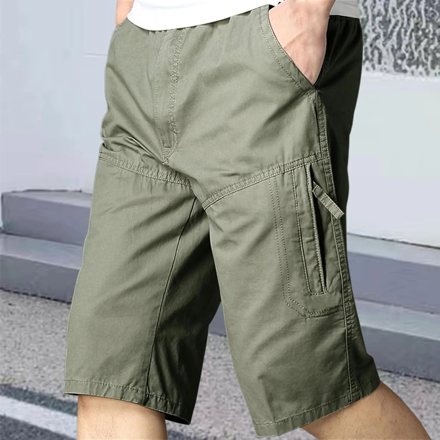 Mens Classic Solid Cargo Shorts Straight Leg Slim Fit Elastic Waist Pockets for Summer Work Casual