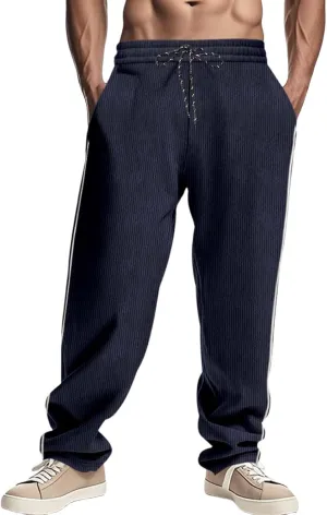 Mens Corduroy Pants Summer Drawstring Waist Sweatpants Solid Straight Leg Trousers Outdoor Trendy Open Bottom Slacks