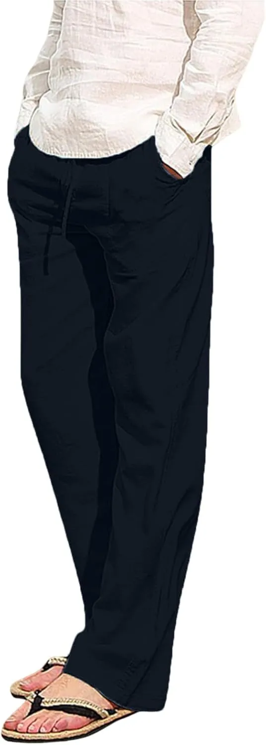 Men's Cotton Linen Casual Loose Fit Elastic Drawstring Waist Summer Beach Pants Joggers Sweatpants, Tactical Pants Men