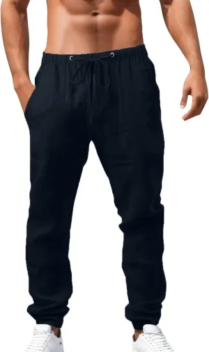 Men's Cotton Linen Casual Loose Fit Elastic Drawstring Waist Summer Beach Pants Joggers Sweatpants, Tactical Pants Men
