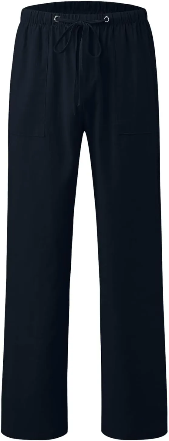 Men's Cotton Linen Casual Loose Fit Elastic Drawstring Waist Summer Beach Pants Joggers Sweatpants, Tactical Pants Men