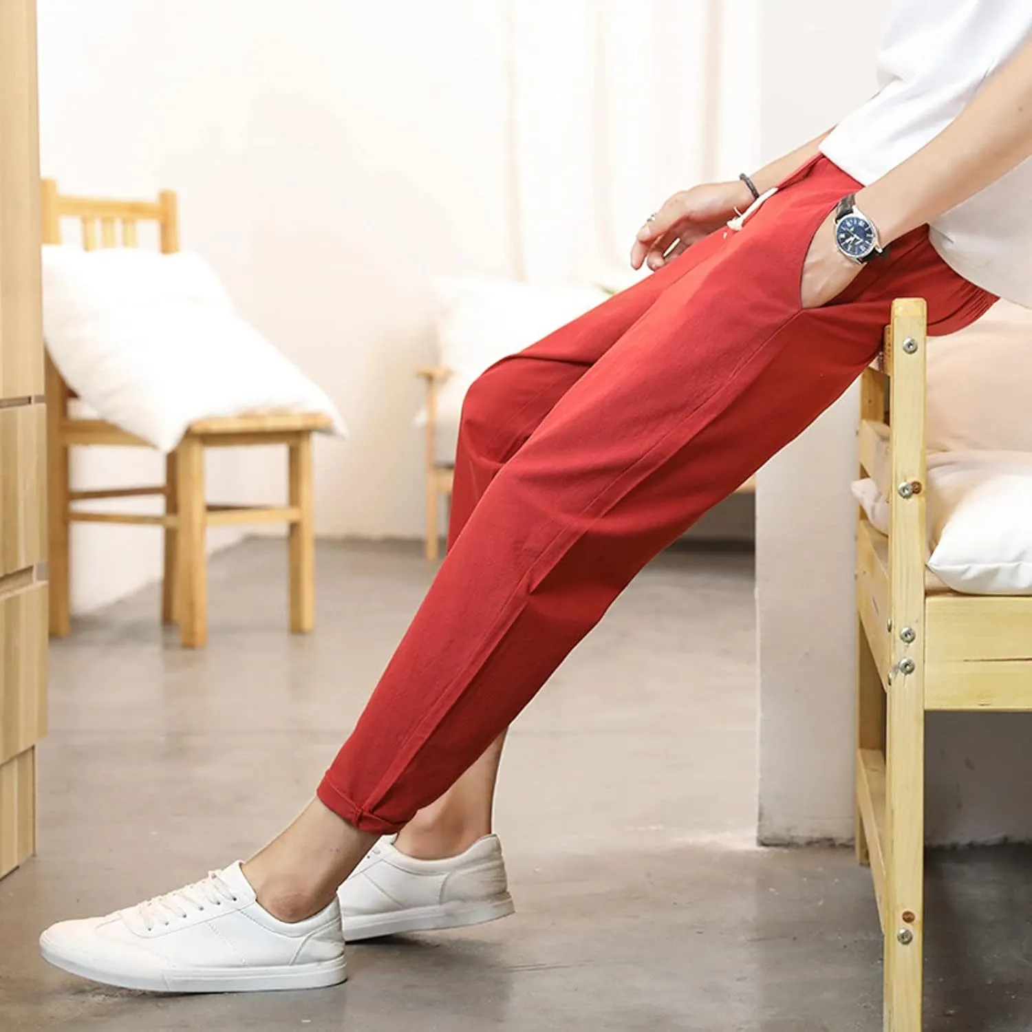 Mens Cotton Linen Pants Casual Elastic Drawstring Waist Lounge Beach Pants Summer Casual Straight Leg Dress Trousers