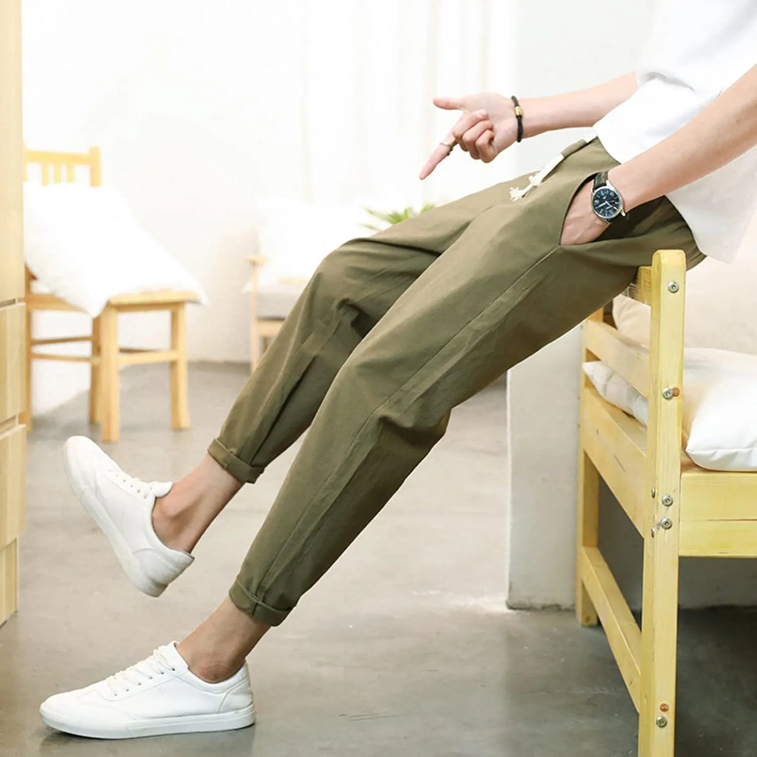 Mens Cotton Linen Pants Casual Elastic Drawstring Waist Lounge Beach Pants Summer Casual Straight Leg Dress Trousers