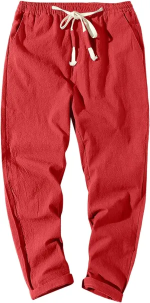 Mens Cotton Linen Pants Casual Elastic Drawstring Waist Lounge Beach Pants Summer Casual Straight Leg Dress Trousers