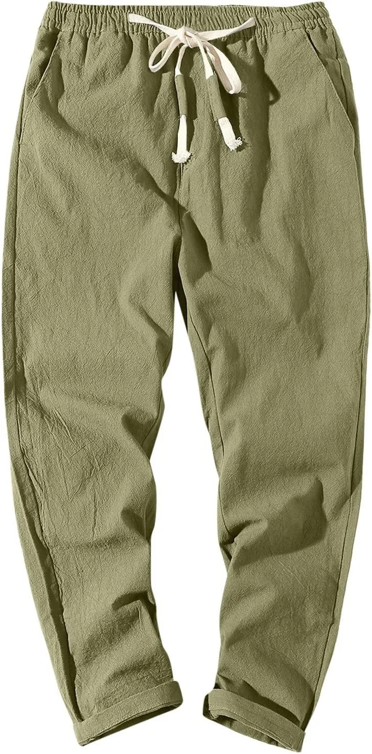 Mens Cotton Linen Pants Casual Elastic Drawstring Waist Lounge Beach Pants Summer Casual Straight Leg Dress Trousers