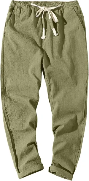 Mens Cotton Linen Pants Casual Elastic Drawstring Waist Lounge Beach Pants Summer Casual Straight Leg Dress Trousers