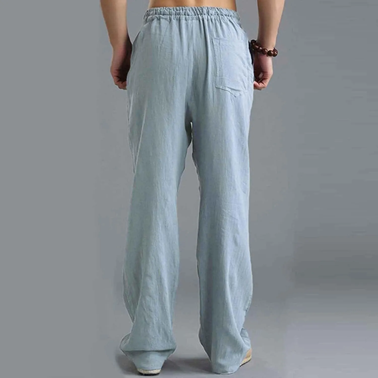 Men's Cotton Pants Lightweight Solid Color Pants Drawstring Elastic Waist Wide Leg Trouser Leisure and Daily Wear