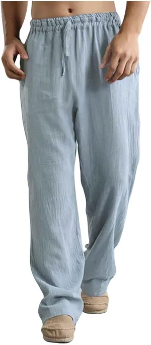 Men's Cotton Pants Lightweight Solid Color Pants Drawstring Elastic Waist Wide Leg Trouser Leisure and Daily Wear
