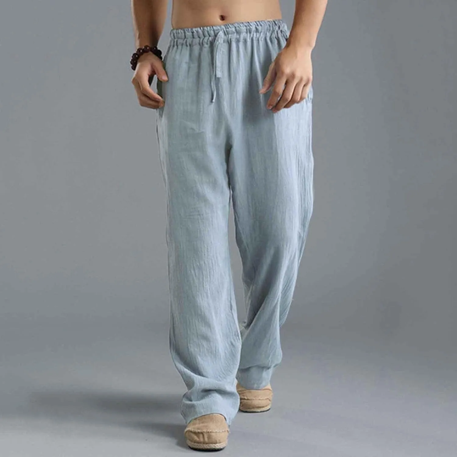 Men's Cotton Pants Lightweight Solid Color Pants Drawstring Elastic Waist Wide Leg Trouser Leisure and Daily Wear