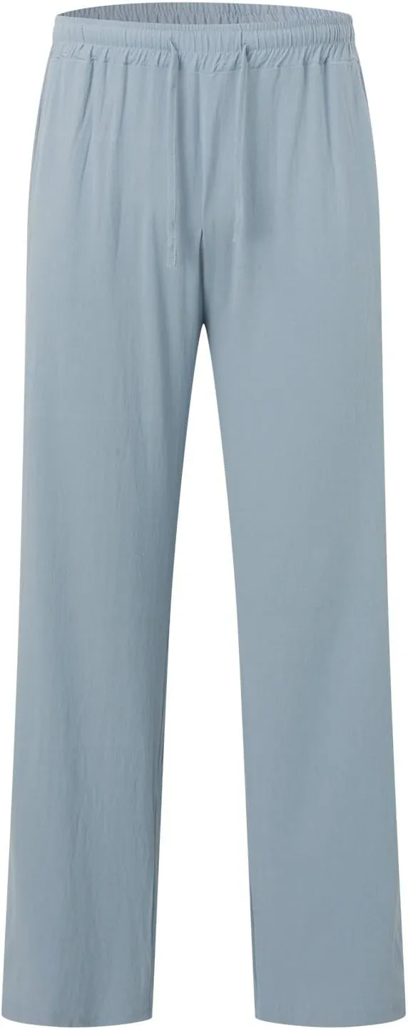 Men's Cotton Pants Lightweight Solid Color Pants Drawstring Elastic Waist Wide Leg Trouser Leisure and Daily Wear