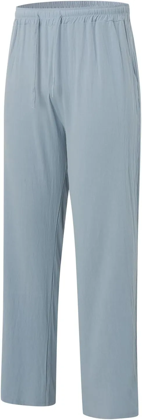 Men's Cotton Pants Lightweight Solid Color Pants Drawstring Elastic Waist Wide Leg Trouser Leisure and Daily Wear