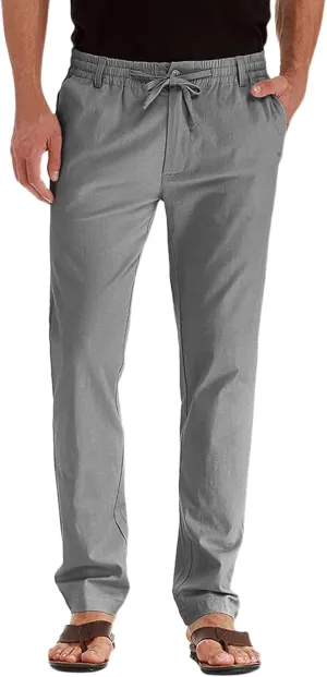 Men's Drawstring Linen Pants, Casual Summer Zipper Solid Color Beach Loose Workout Trousers, Oversized Sweatpants Mens