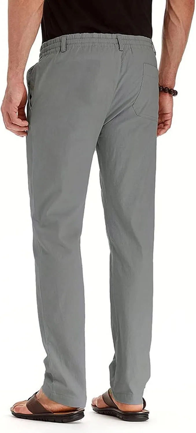 Men's Drawstring Linen Pants, Casual Summer Zipper Solid Color Beach Loose Workout Trousers, Oversized Sweatpants Mens