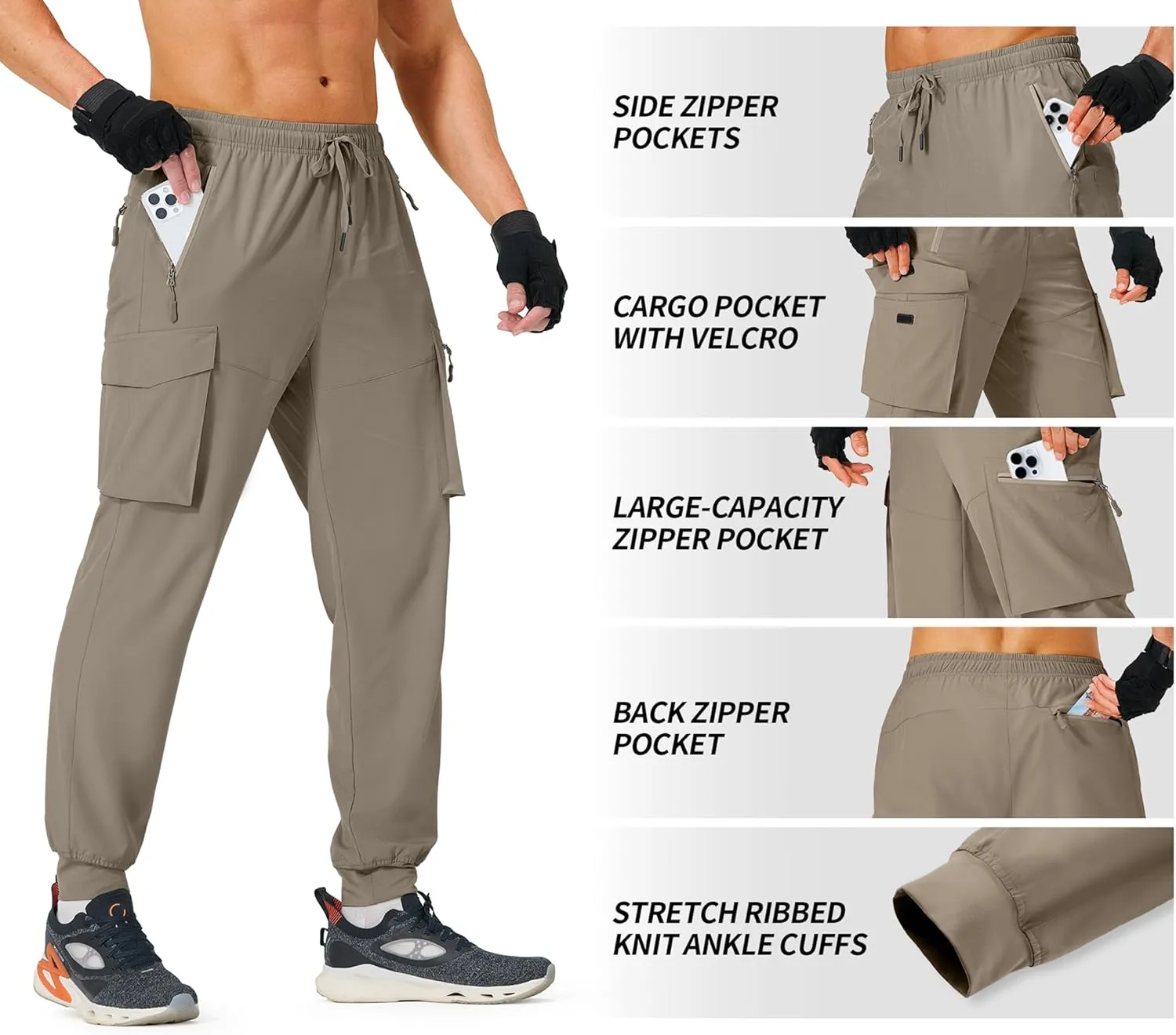 Men's Hiking Pants Cargo Lightweight Quick Dry Elastic Waist Golf Joggers with Zipper Pockets Water Resistant