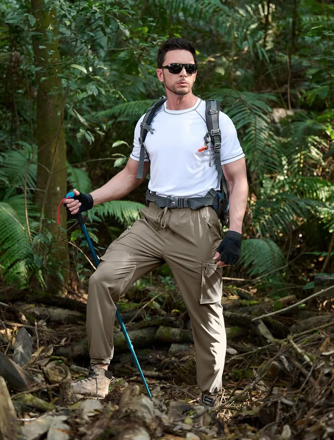 Men's Hiking Pants Cargo Lightweight Quick Dry Elastic Waist Golf Joggers with Zipper Pockets Water Resistant