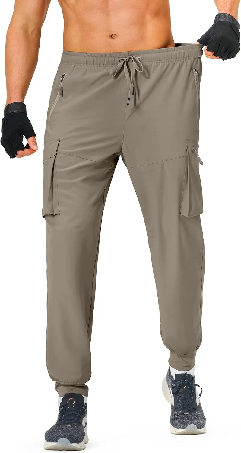 Men's Hiking Pants Cargo Lightweight Quick Dry Elastic Waist Golf Joggers with Zipper Pockets Water Resistant
