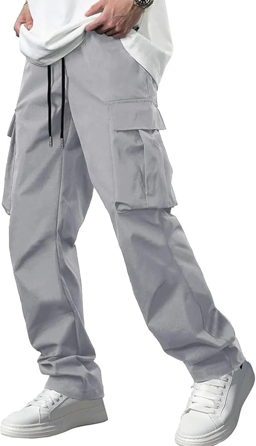 Men's Jogger Cargo Pant Elastic Waist Drawstring Straight Leg Sweatpants Lightweight Casual Trousers with Pockets