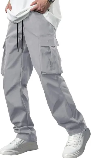 Men's Jogger Cargo Pant Elastic Waist Drawstring Straight Leg Sweatpants Lightweight Casual Trousers with Pockets