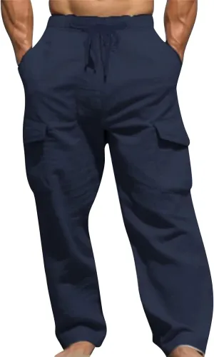 Men's Linen Cargo Pants Solid Casual Lightweight Pant with Multi Pockets Plus Size Drawstring Holiday Streetwear Big and Tall
