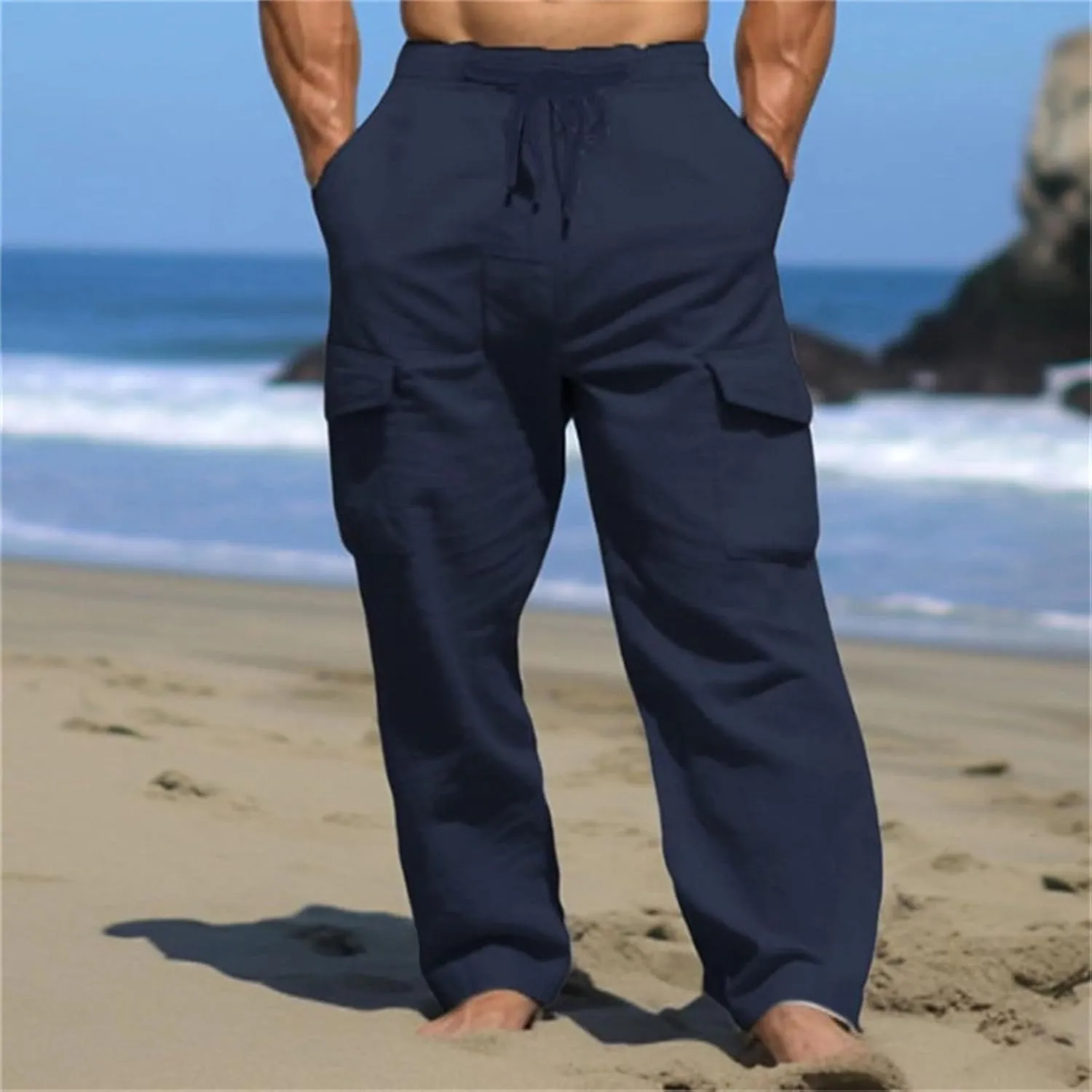 Men's Linen Cargo Pants Solid Casual Lightweight Pant with Multi Pockets Plus Size Drawstring Holiday Streetwear Big and Tall