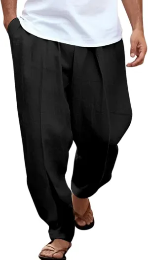 Mens Linen Harem Drawstring Pants, Casual Elastic Waist Lightweight Hippie Loose Wide Leg Pants with Pocket