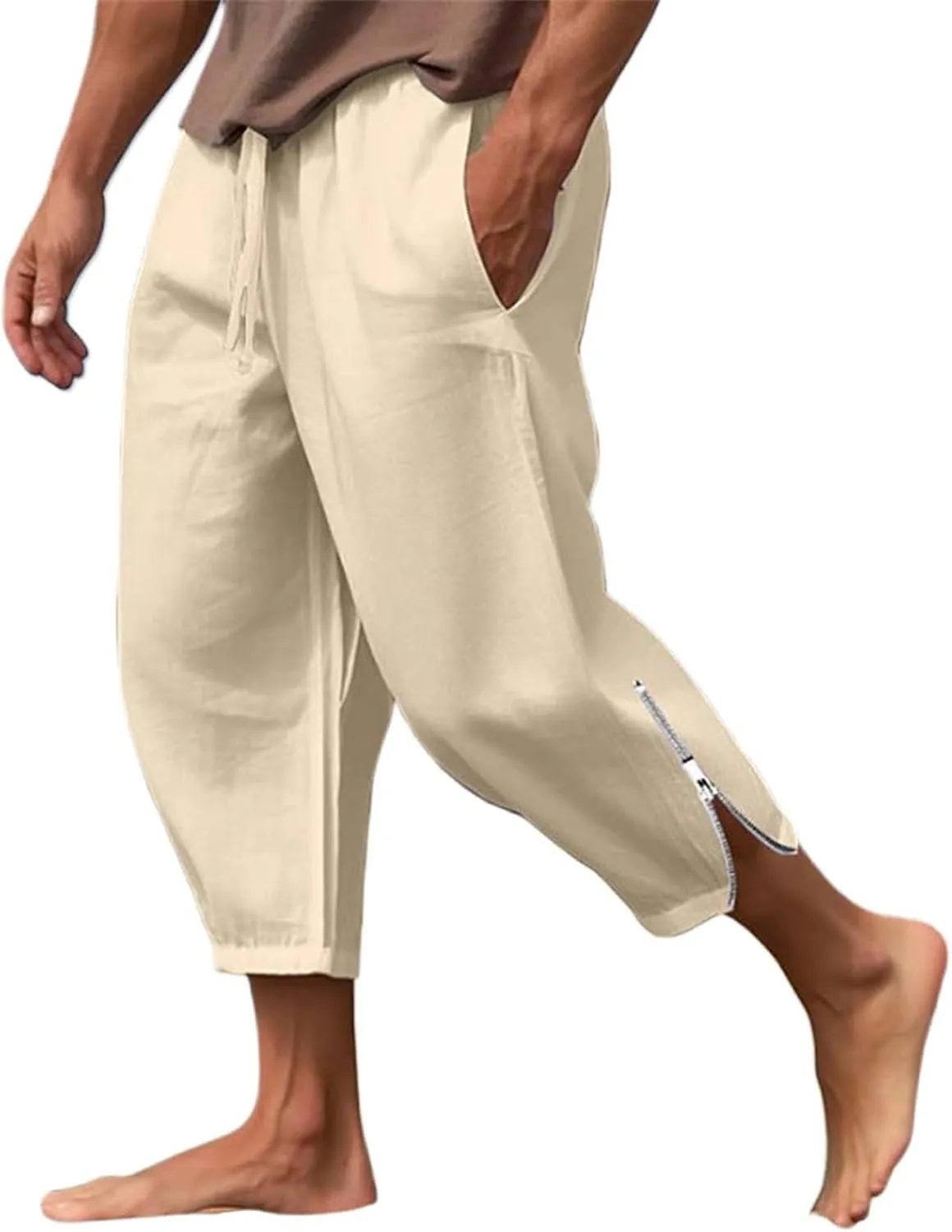 Mens Linen Pants Casual Elastic Drawstring Waist Lounge Beach Pants Summer Casual Straight Leg Dress Trousers