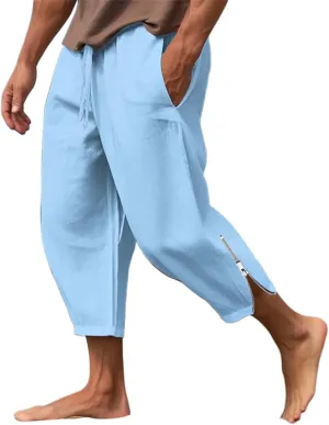 Mens Linen Pants Casual Elastic Drawstring Waist Lounge Beach Pants Summer Casual Straight Leg Dress Trousers