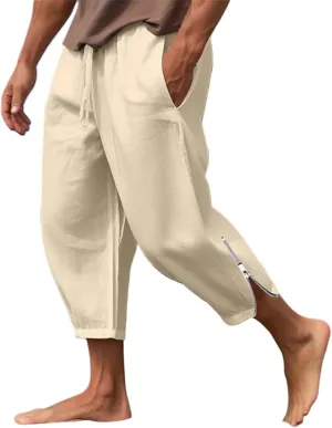 Mens Linen Pants Casual Elastic Drawstring Waist Lounge Beach Pants Summer Casual Straight Leg Dress Trousers