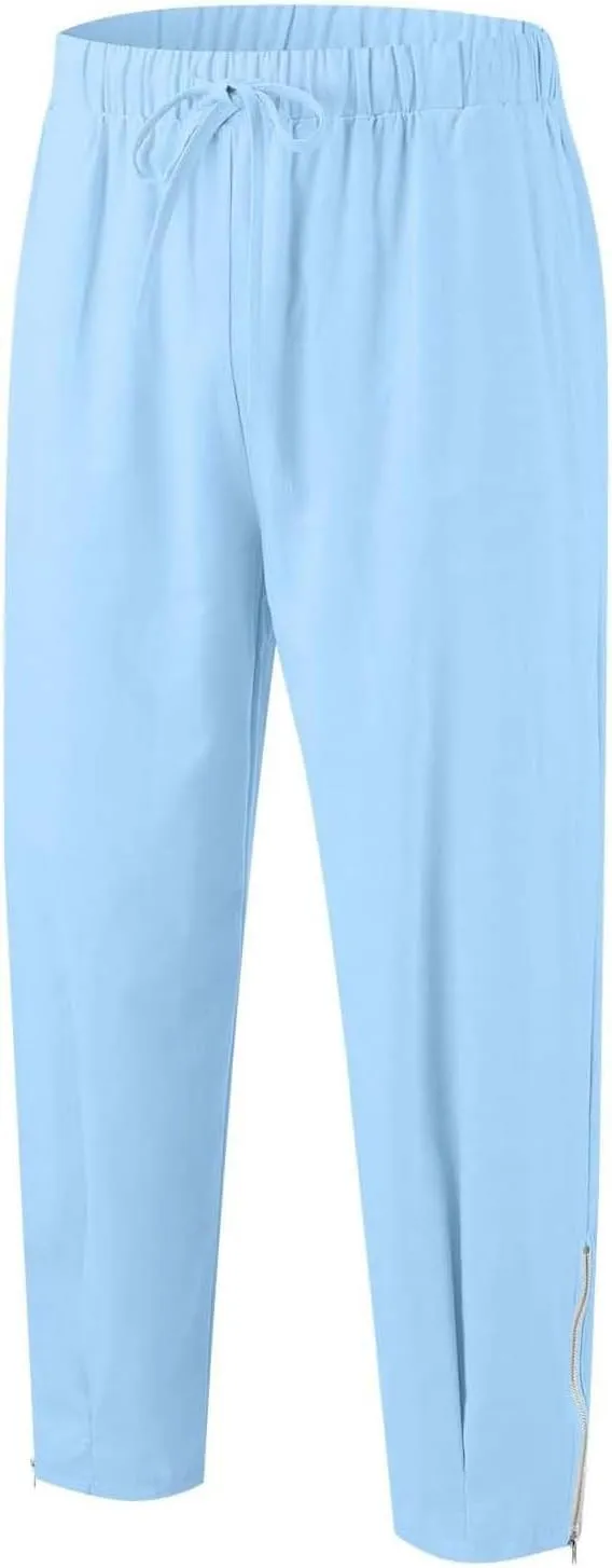 Mens Linen Pants Casual Elastic Drawstring Waist Lounge Beach Pants Summer Casual Straight Leg Dress Trousers