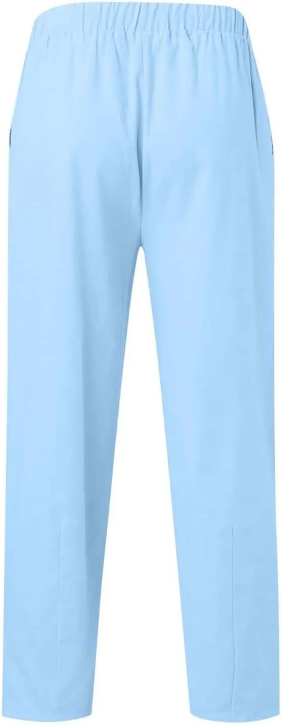 Mens Linen Pants Casual Elastic Drawstring Waist Lounge Beach Pants Summer Casual Straight Leg Dress Trousers