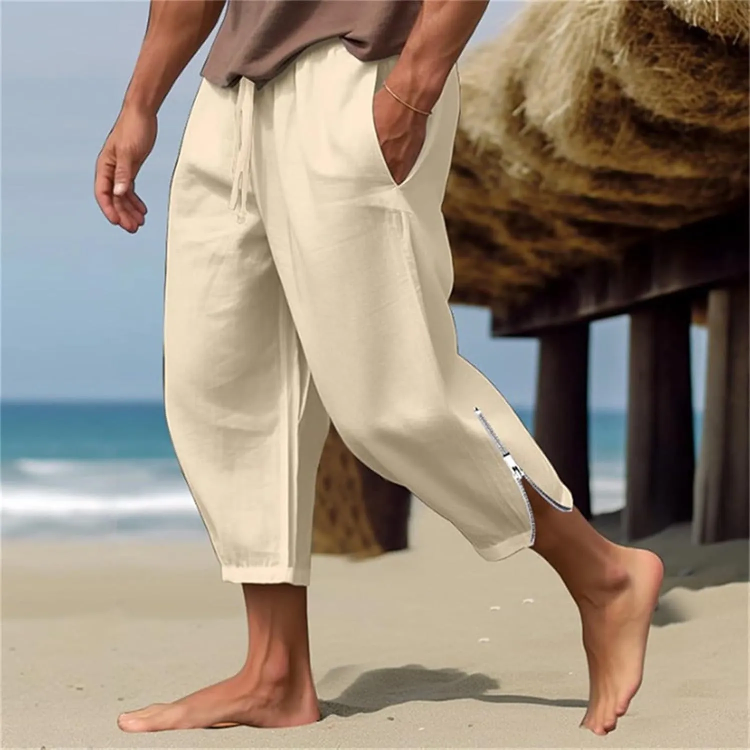 Mens Linen Pants Casual Elastic Drawstring Waist Lounge Beach Pants Summer Casual Straight Leg Dress Trousers
