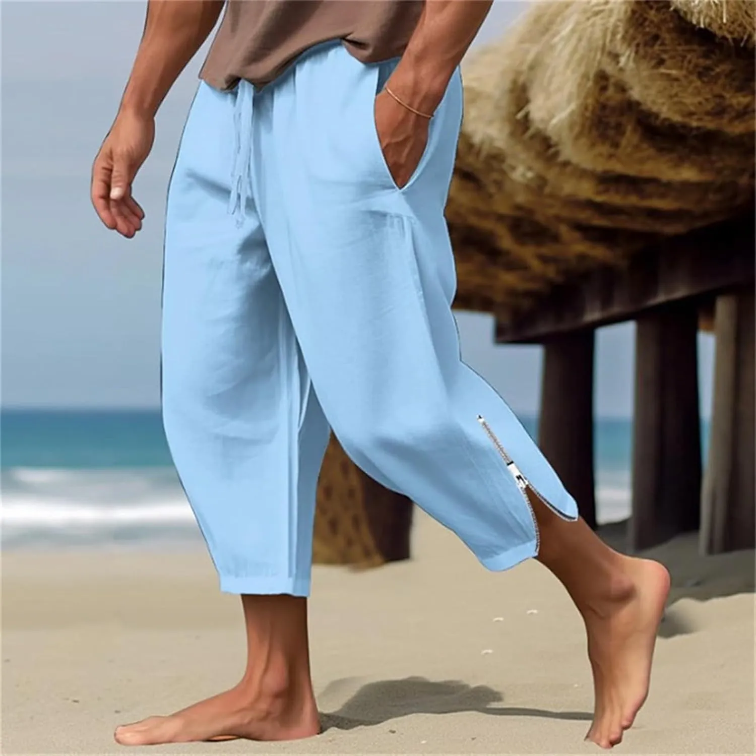Mens Linen Pants Casual Elastic Drawstring Waist Lounge Beach Pants Summer Casual Straight Leg Dress Trousers