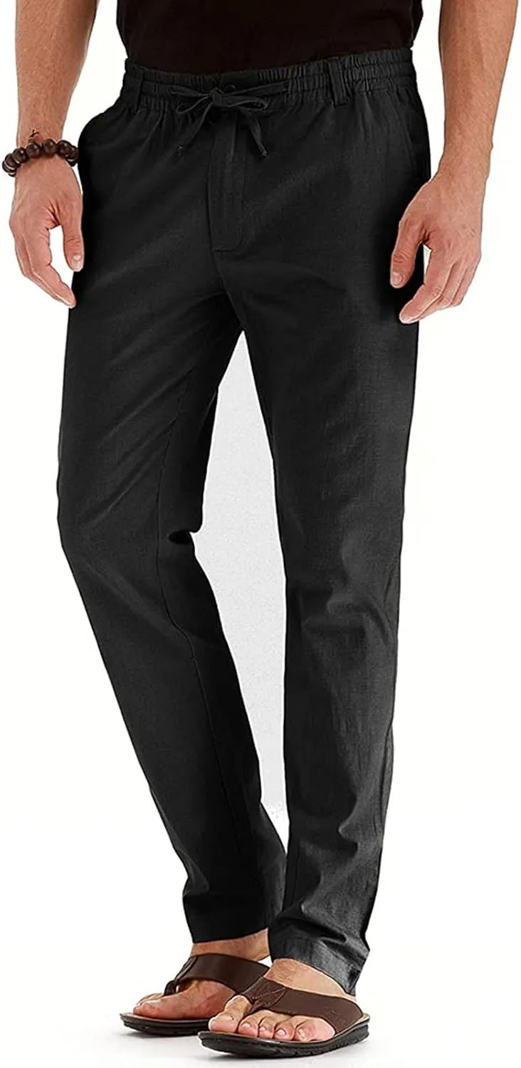 Men's Linen Pants Casual Elastic Waist Lightweight Straight Leg Loose Fit Summer Beach Yoga Trousers with Pockets