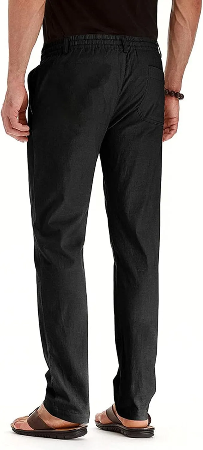 Men's Linen Pants Casual Elastic Waist Lightweight Straight Leg Loose Fit Summer Beach Yoga Trousers with Pockets