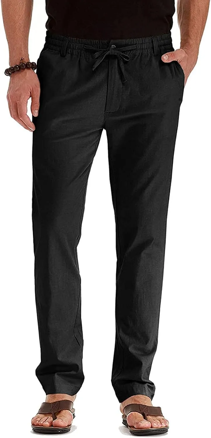 Men's Linen Pants Casual Elastic Waist Lightweight Straight Leg Loose Fit Summer Beach Yoga Trousers with Pockets