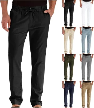 Men's Linen Pants Casual Elastic Waist Lightweight Straight Leg Loose Fit Summer Beach Yoga Trousers with Pockets