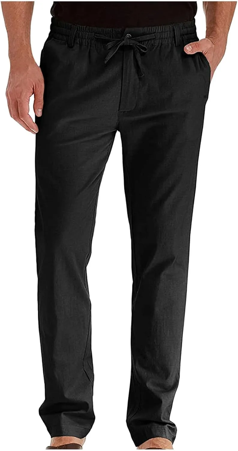 Men's Linen Pants Casual Elastic Waist Lightweight Straight Leg Loose Fit Summer Beach Yoga Trousers with Pockets