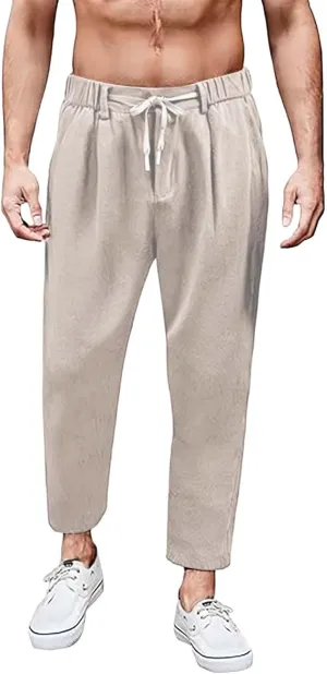 Mens Linen Pants Casual Vacation Drawstring Waist Pant Lightweight Beach Slacks Outdoor Summer Trouser with Pockets
